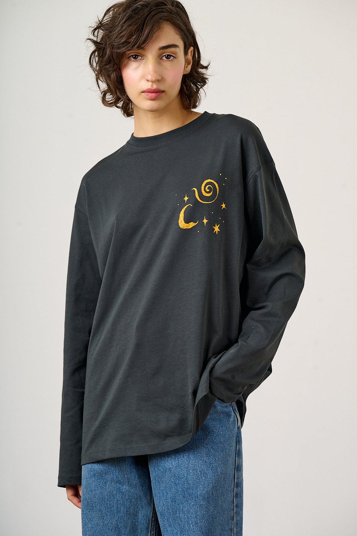 Murat - Organic Cotton Oversized Top in Charcoal Celestial Print