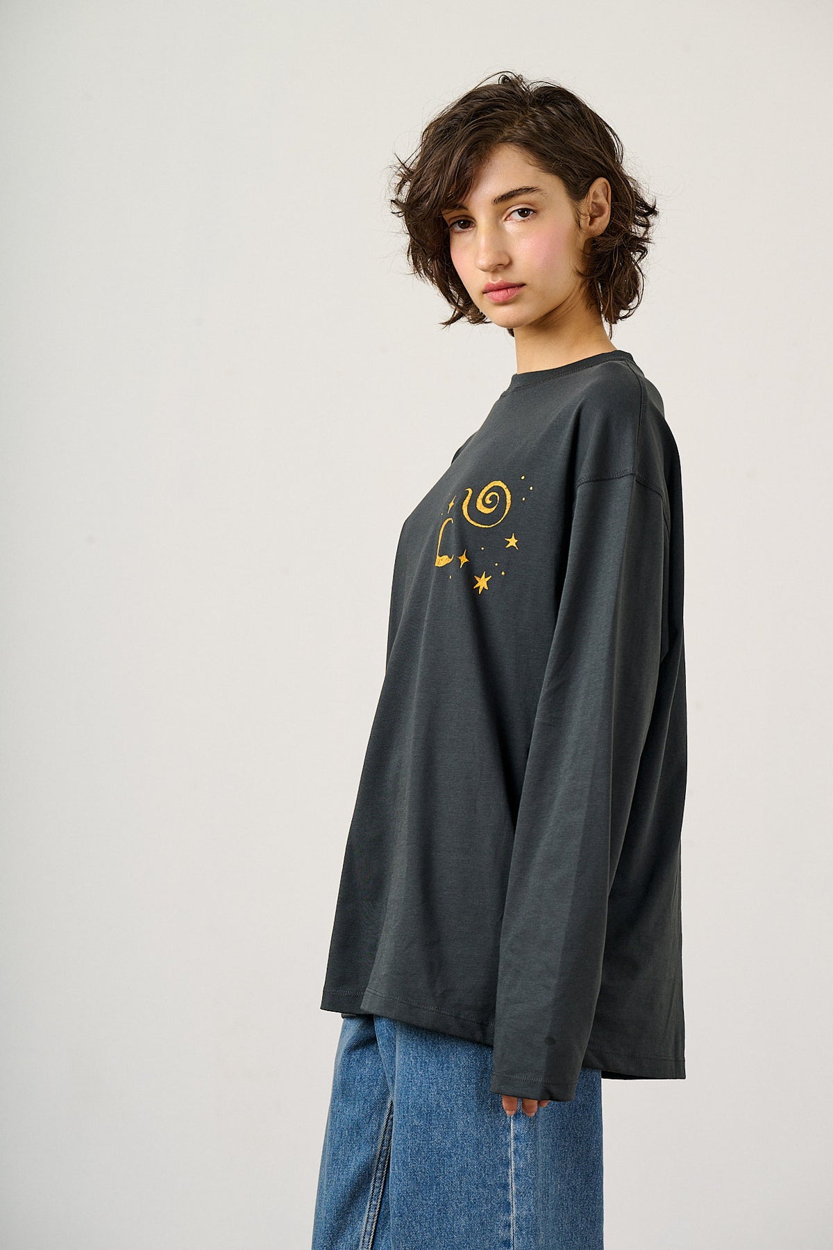 Murat - Organic Cotton Oversized Top in Charcoal Celestial Print