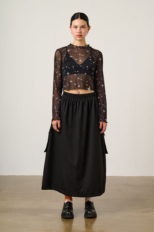 Dakota - Organic Cotton Twill Midi Skirt in Black
