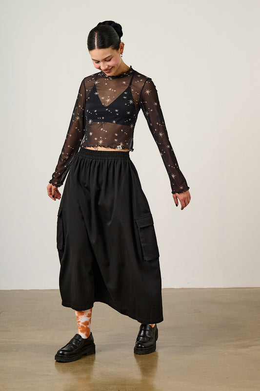 Dakota - Organic Cotton Twill Midi Skirt in Black