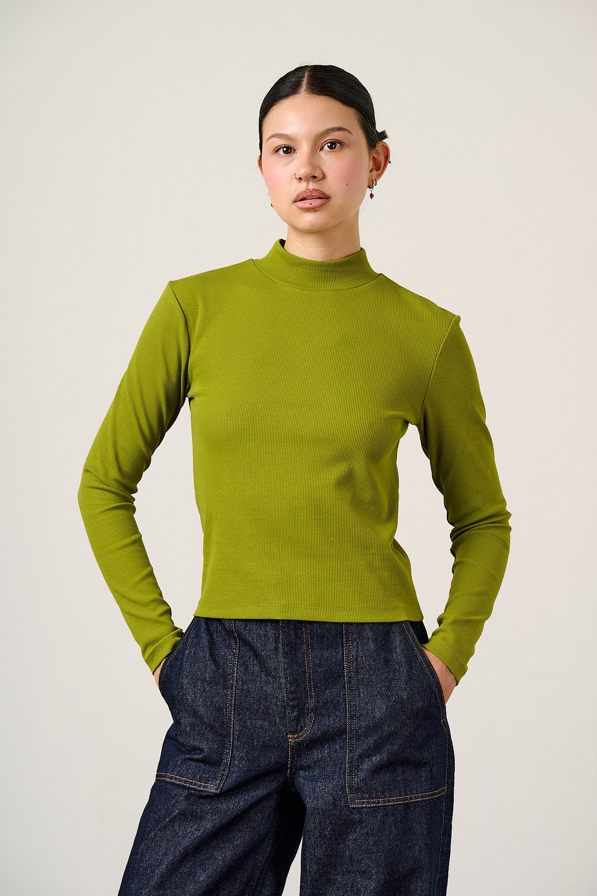 Tia - Cotton Ribbed Funnel Neck in Cypress Green