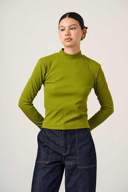 Tia - Cotton Ribbed Funnel Neck in Cypress Green