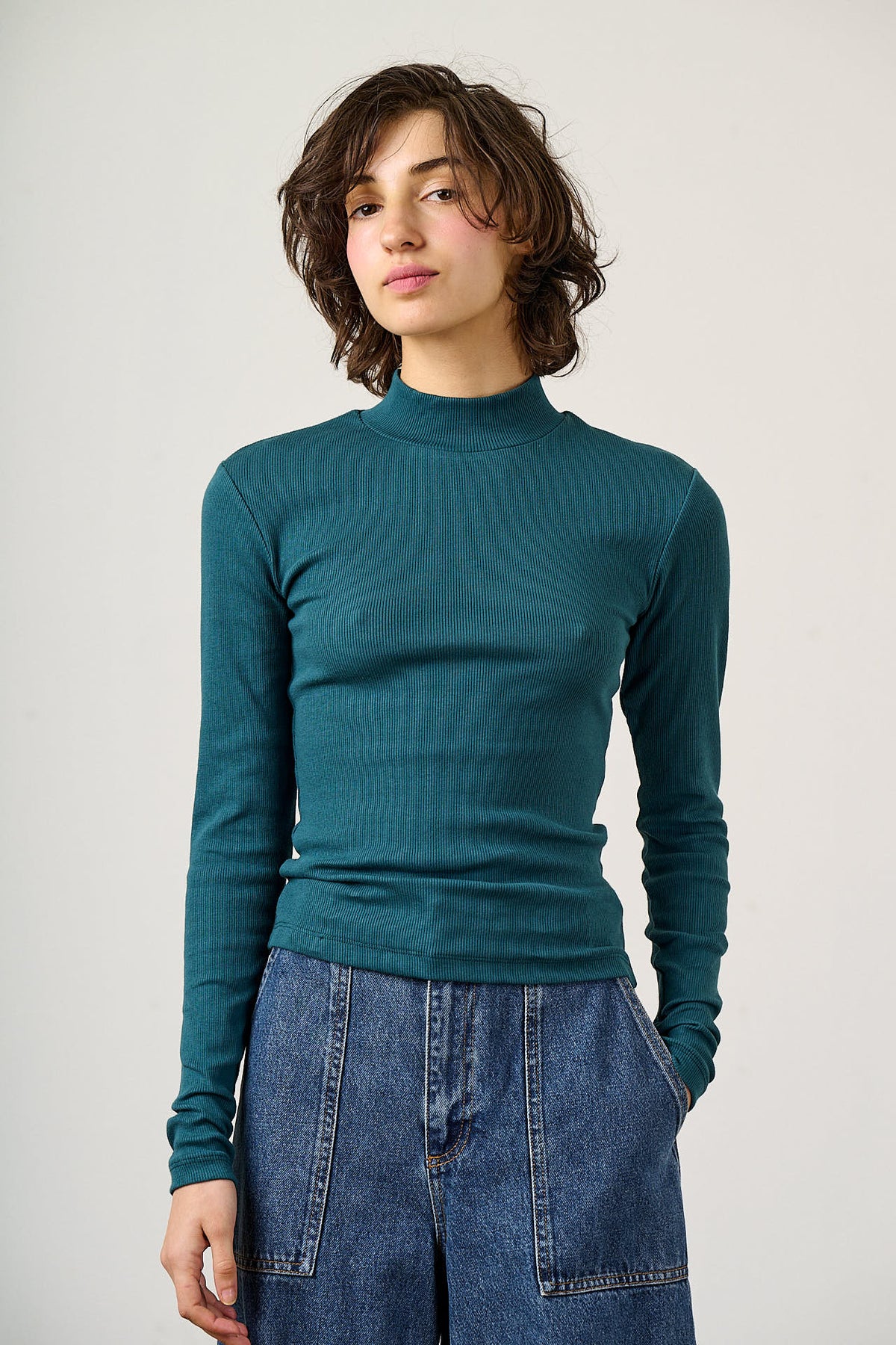 Tia - Organic Cotton Ribbed Funnel Neck in Teal