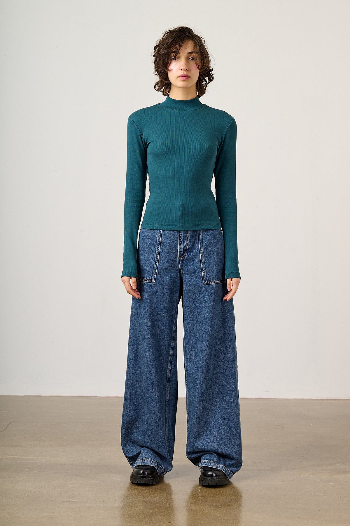 Tia - Organic Cotton Ribbed Funnel Neck in Teal