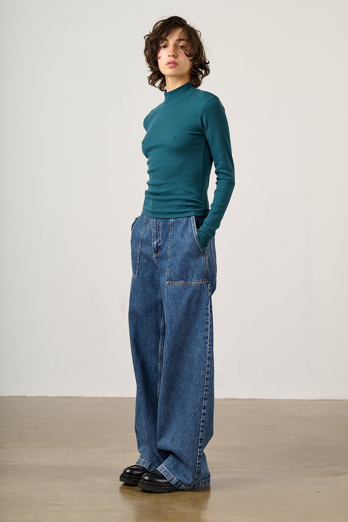 Tia - Organic Cotton Ribbed Funnel Neck in Teal