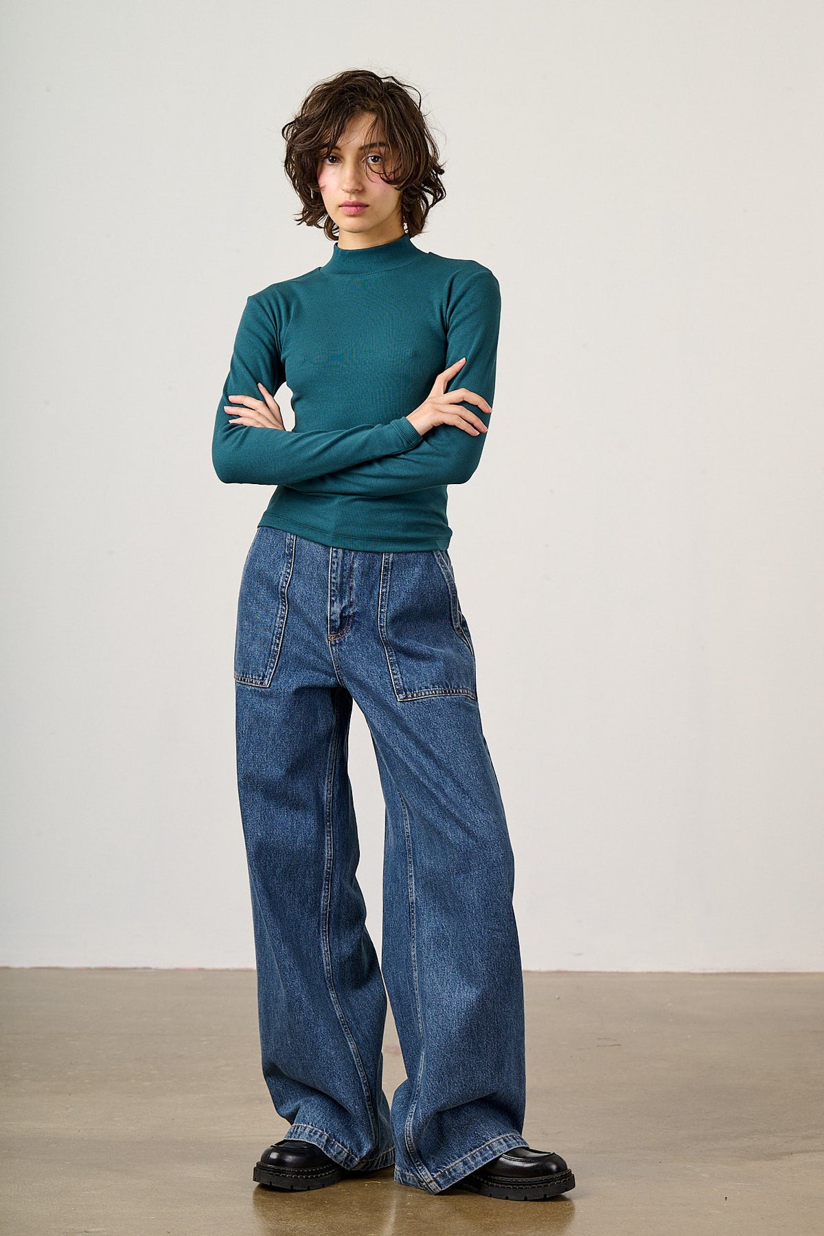 Tia - Organic Cotton Ribbed Funnel Neck in Teal