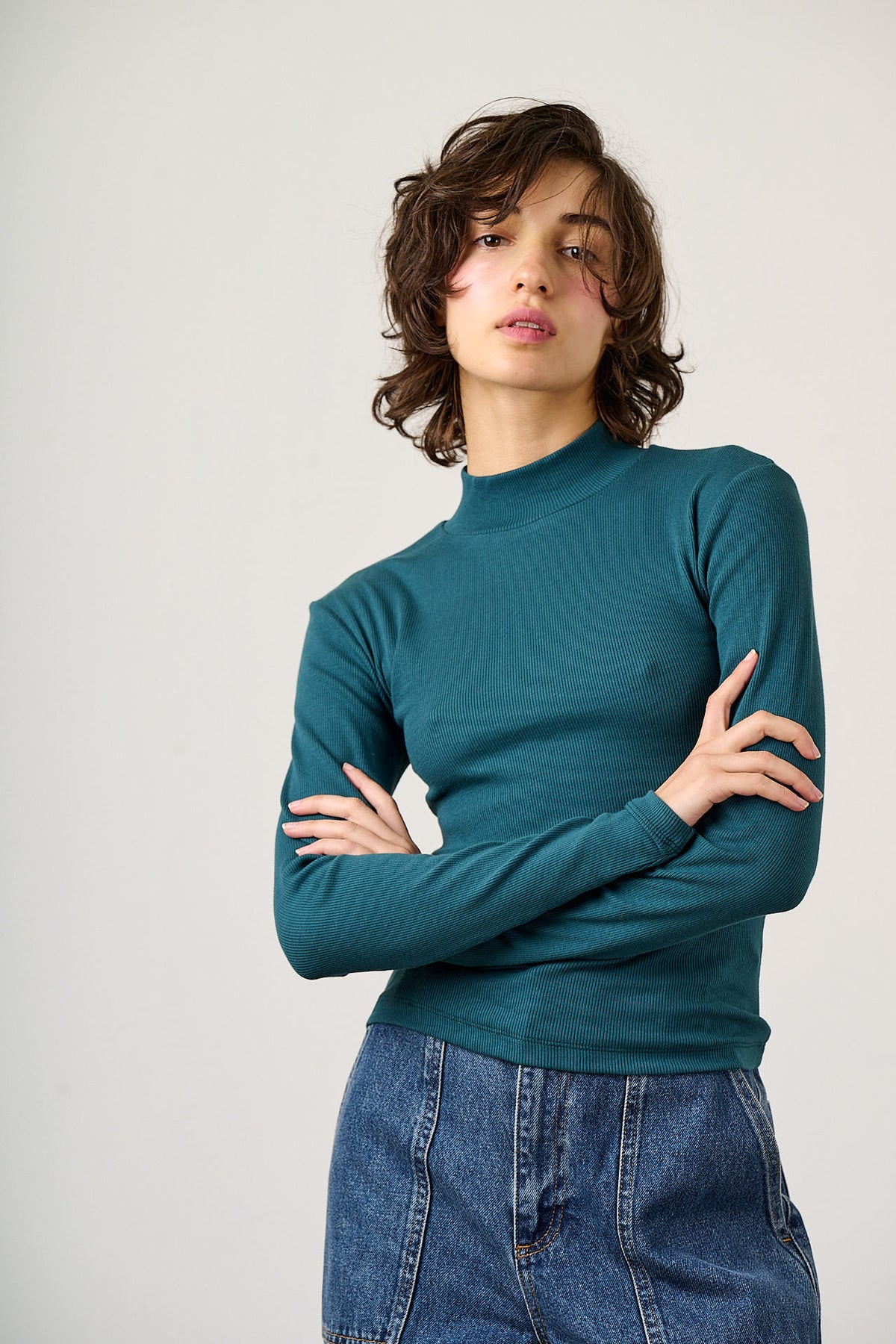 Tia - Organic Cotton Ribbed Funnel Neck in Teal