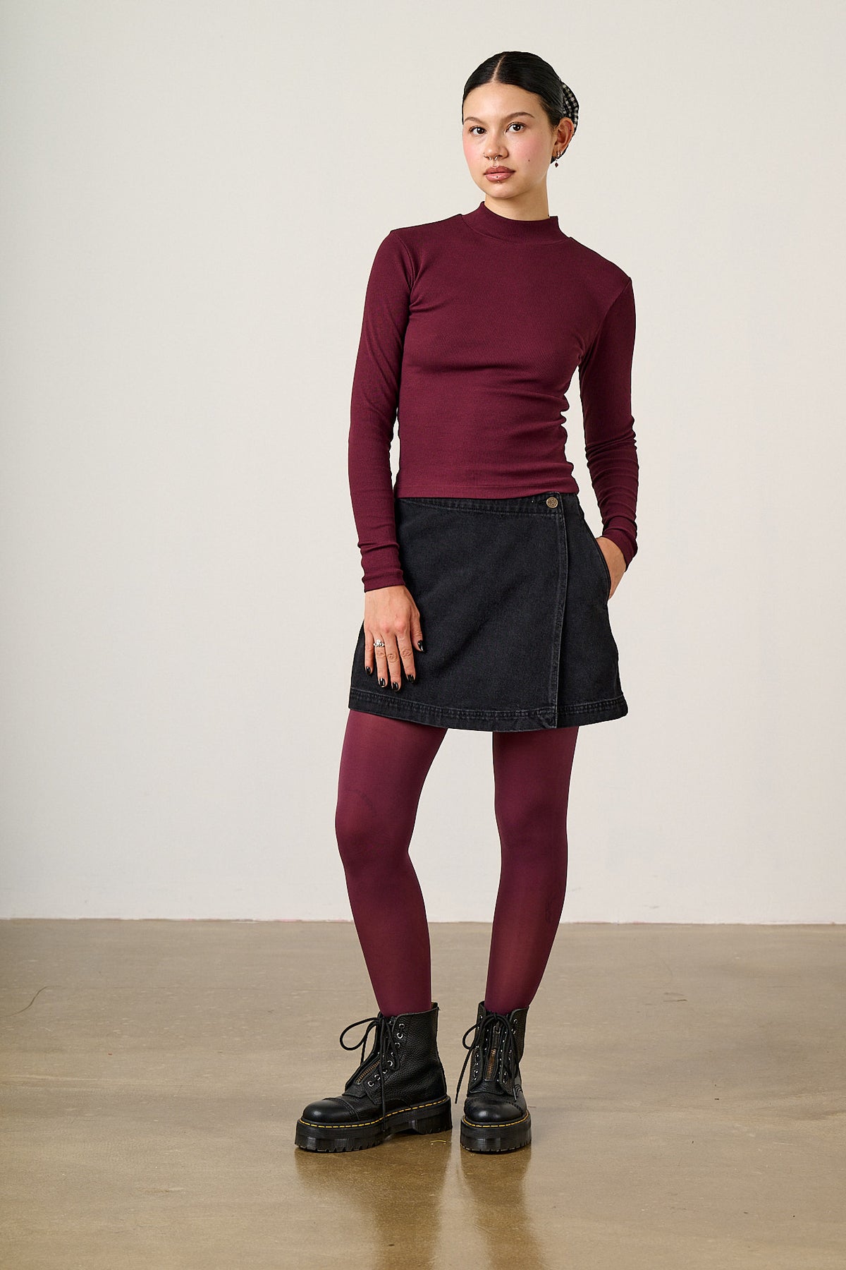 Tia - Organic Cotton Ribbed Funnel Neck in Port