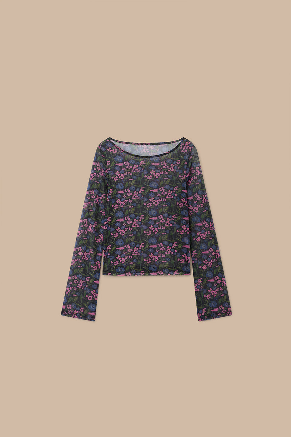 Zoe - Long Sleeve Slash Neck Top Recycled Polyester Mesh in Ditsy Floral