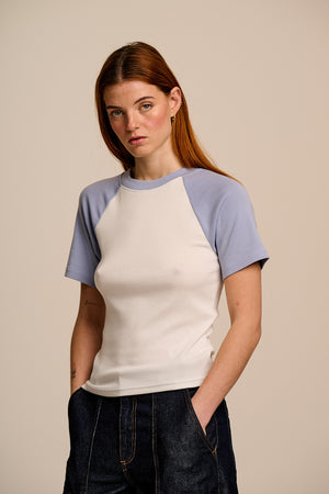Azra - Cotton Short Sleeve Raglan Top in White & Blue