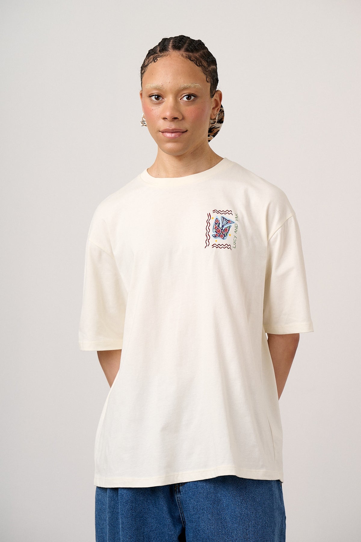 Benny Oversized Cotton T Shirt Ecru Cosmic Folk Tile Print