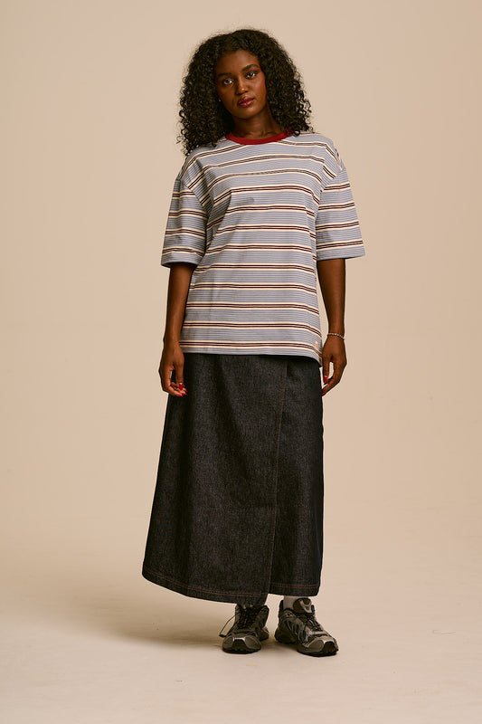 Benny - Oversized Cotton T-Shirt in Blue, Maroon and Ecru Stripe