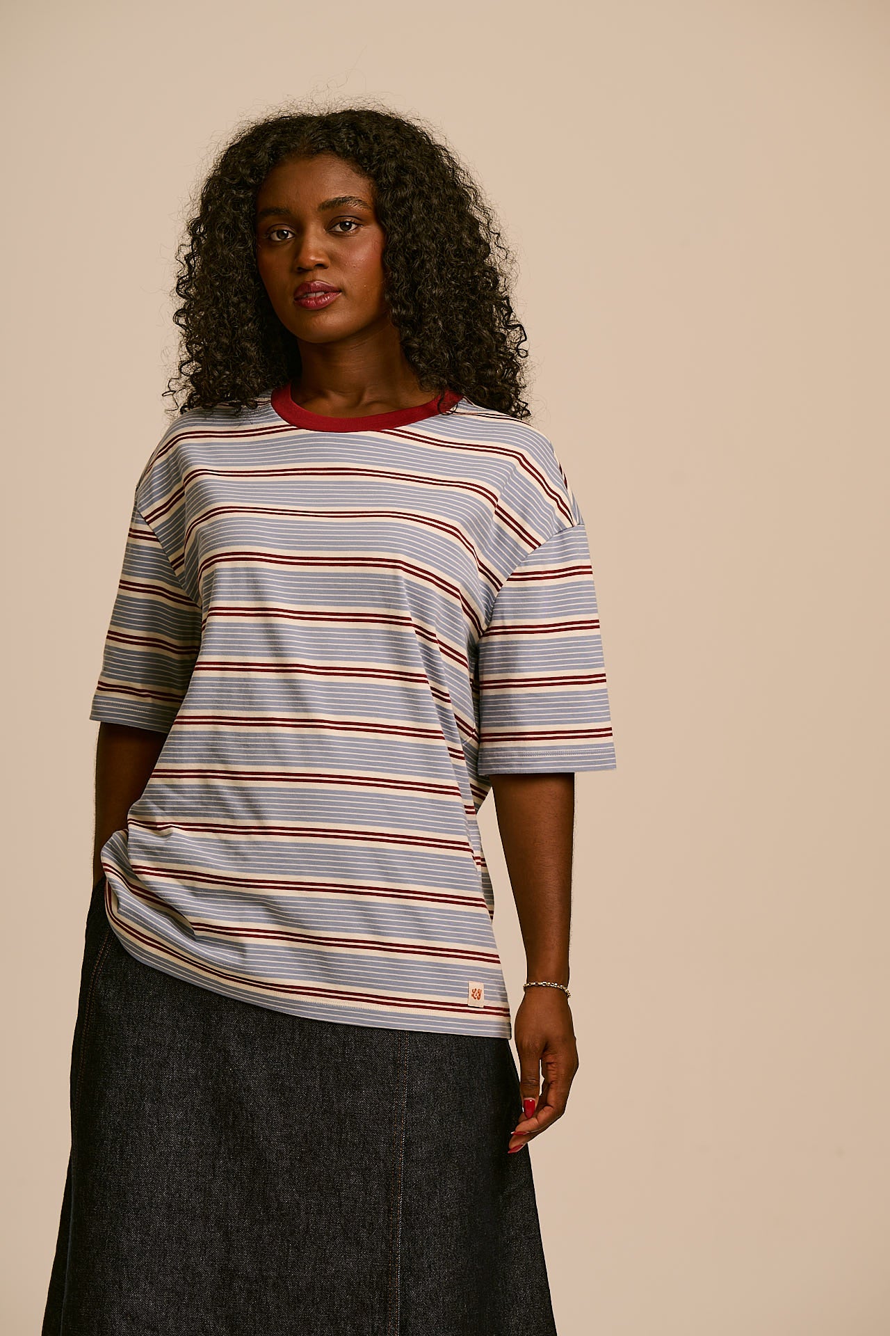 Benny - Oversized Cotton T-Shirt in Blue, Maroon and Ecru Stripe