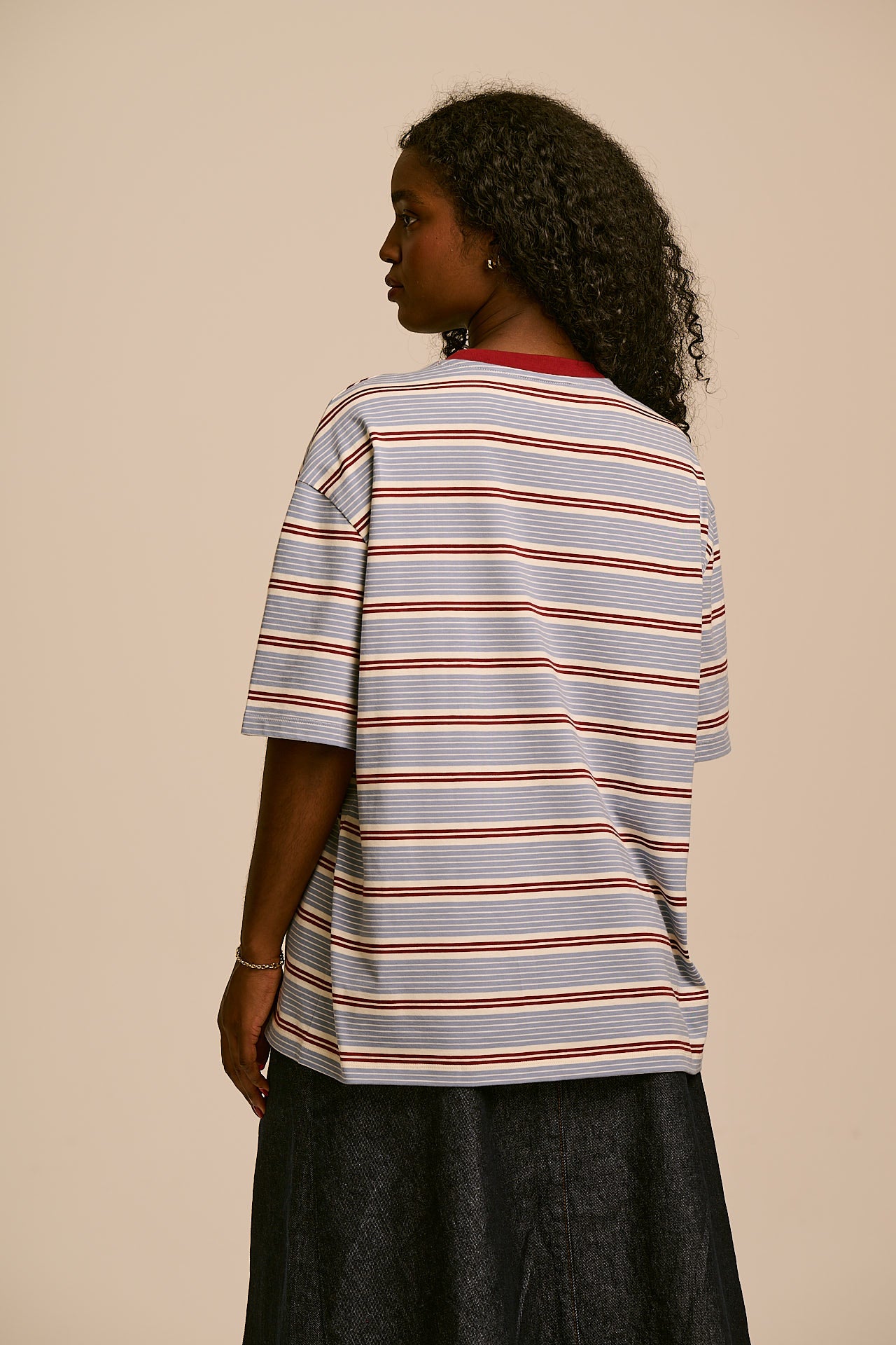 Benny - Oversized Cotton T-Shirt in Blue, Maroon and Ecru Stripe
