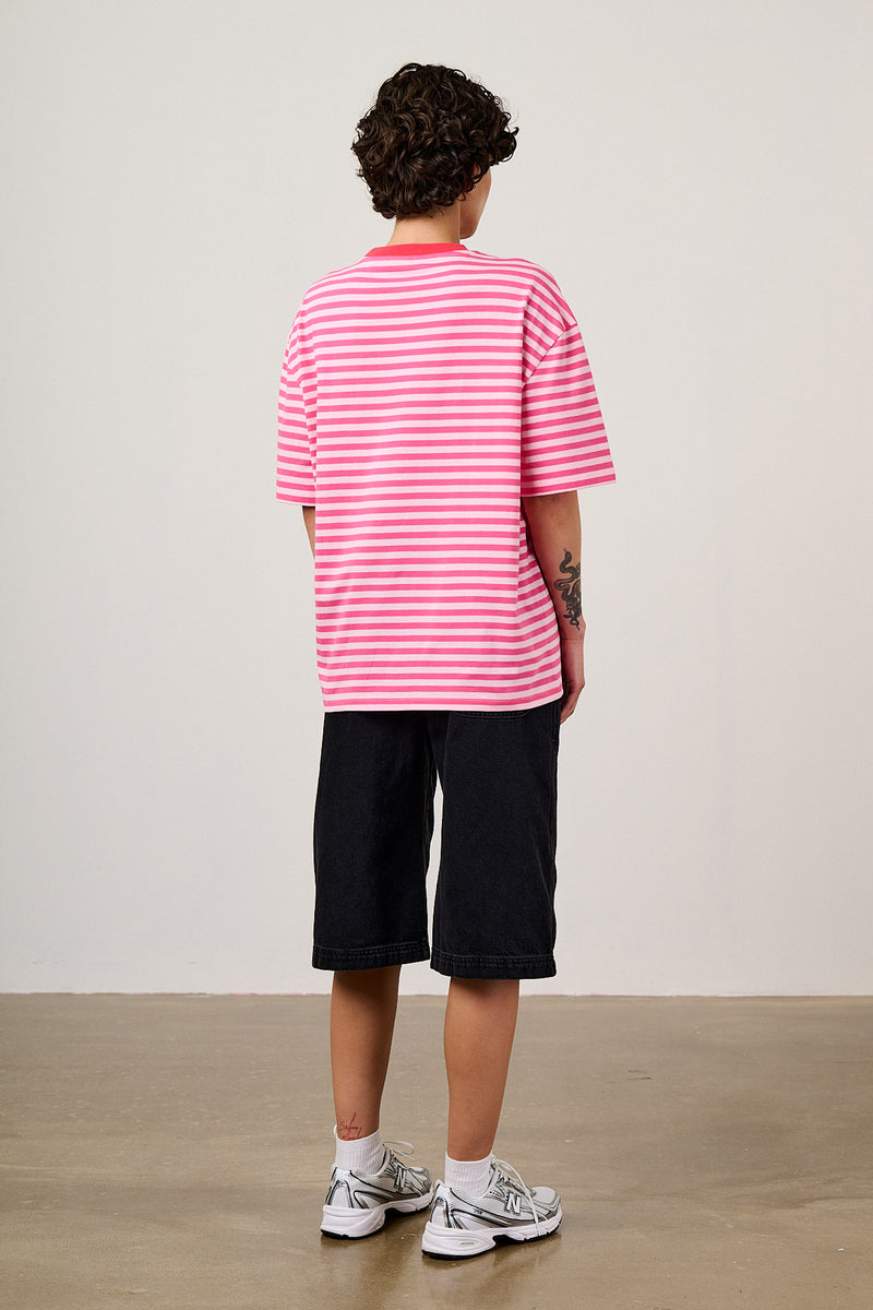 Benny - Oversized Cotton T-Shirt in Pink & Red Stripe