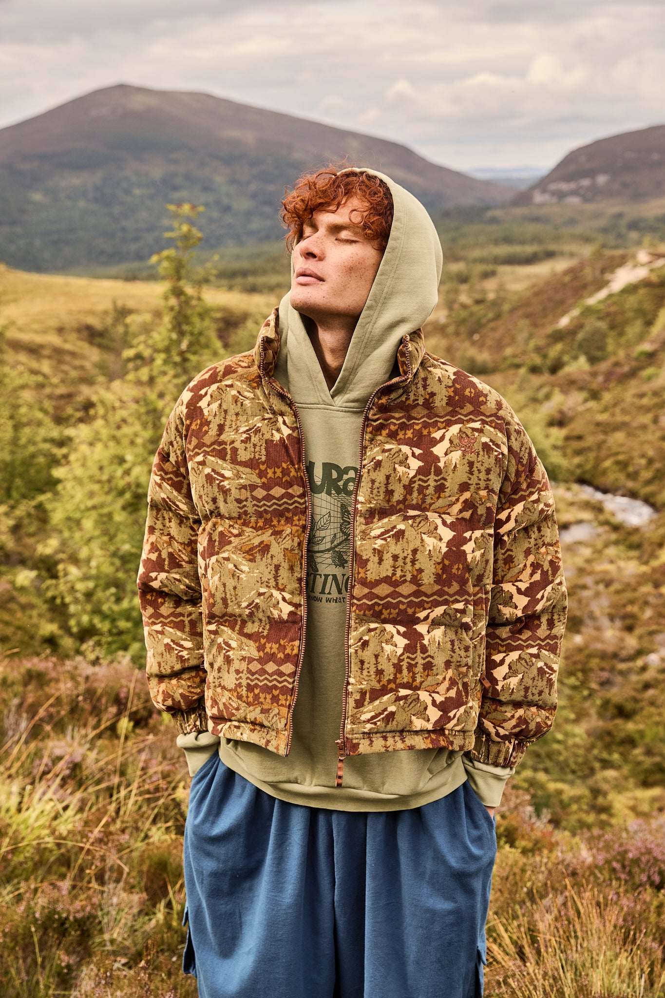 Paloma - Corduroy Puffer Jacket in Green & Brown Nevis Print