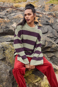 Amari - Oversized Knitted Jumper in Green & Purple Stripe