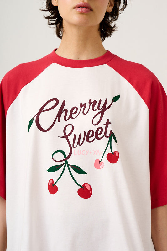 Bradley - Oversized Cotton Raglan T-Shirt in Cherry Sweet Print