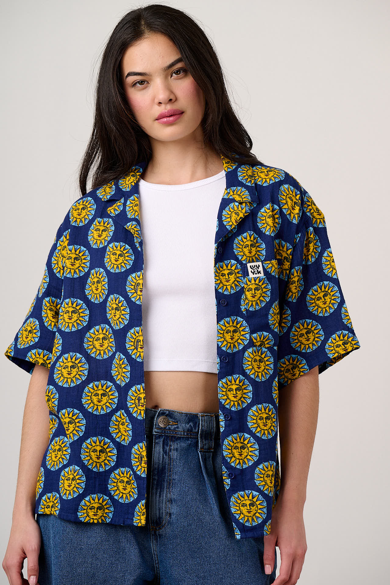 Cam - Cotton Shirt in Navy Cosmic Suns Print – Lucy & Yak