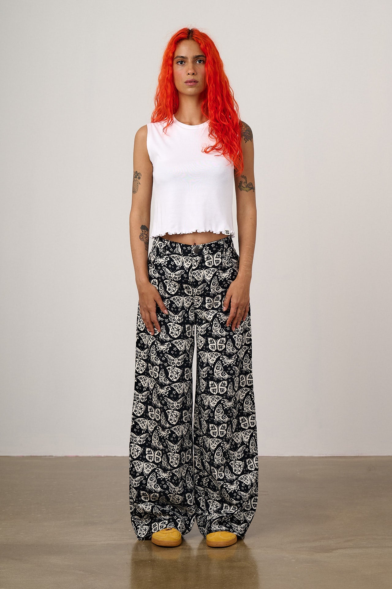 Carter - High Waisted Cotton Trousers in Black & White Butterfly Print