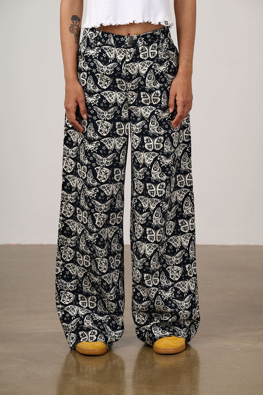 Carter - High Waisted Cotton Trousers in Black & White Butterfly Print