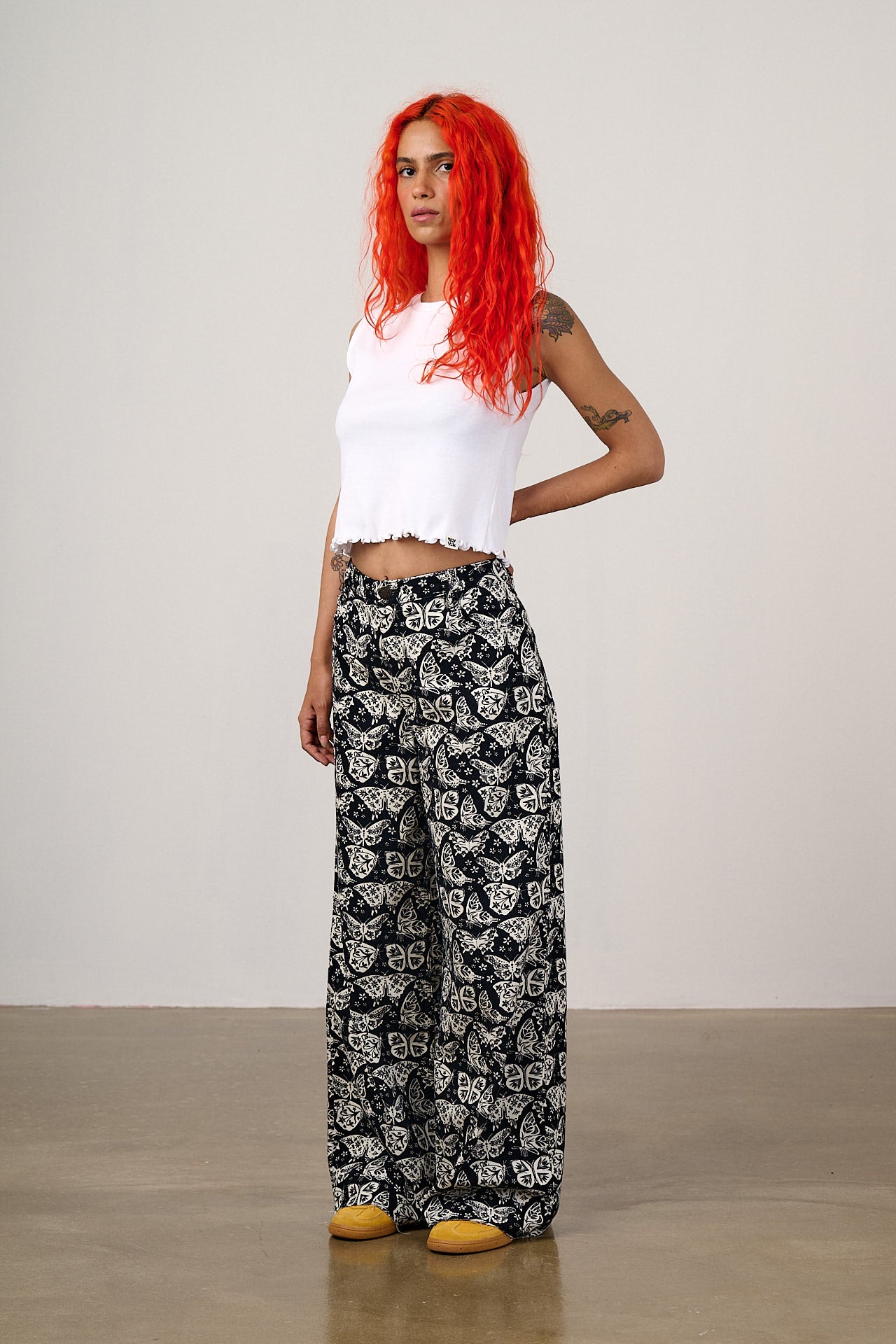 Carter - High Waisted Cotton Trousers in Black & White Butterfly Print