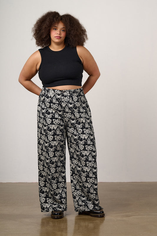 Carter - High Waisted Cotton Trousers in Black & White Butterfly Print