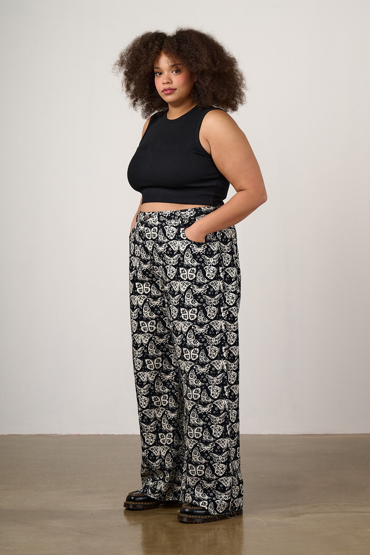 Carter - High Waisted Cotton Trousers in Black & White Butterfly Print