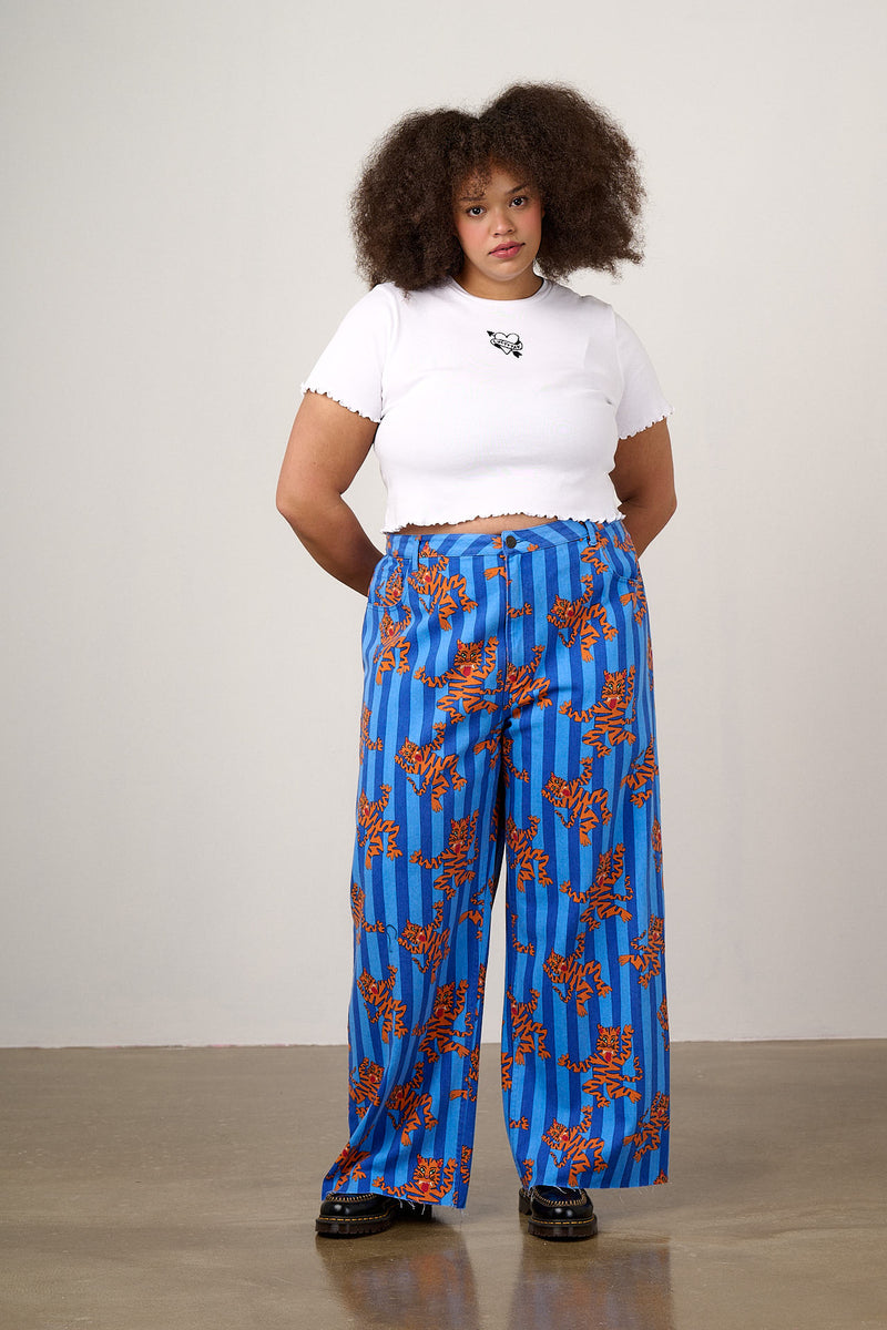 Carter - High Waisted Cotton Trousers in Blue Tiger Stripe