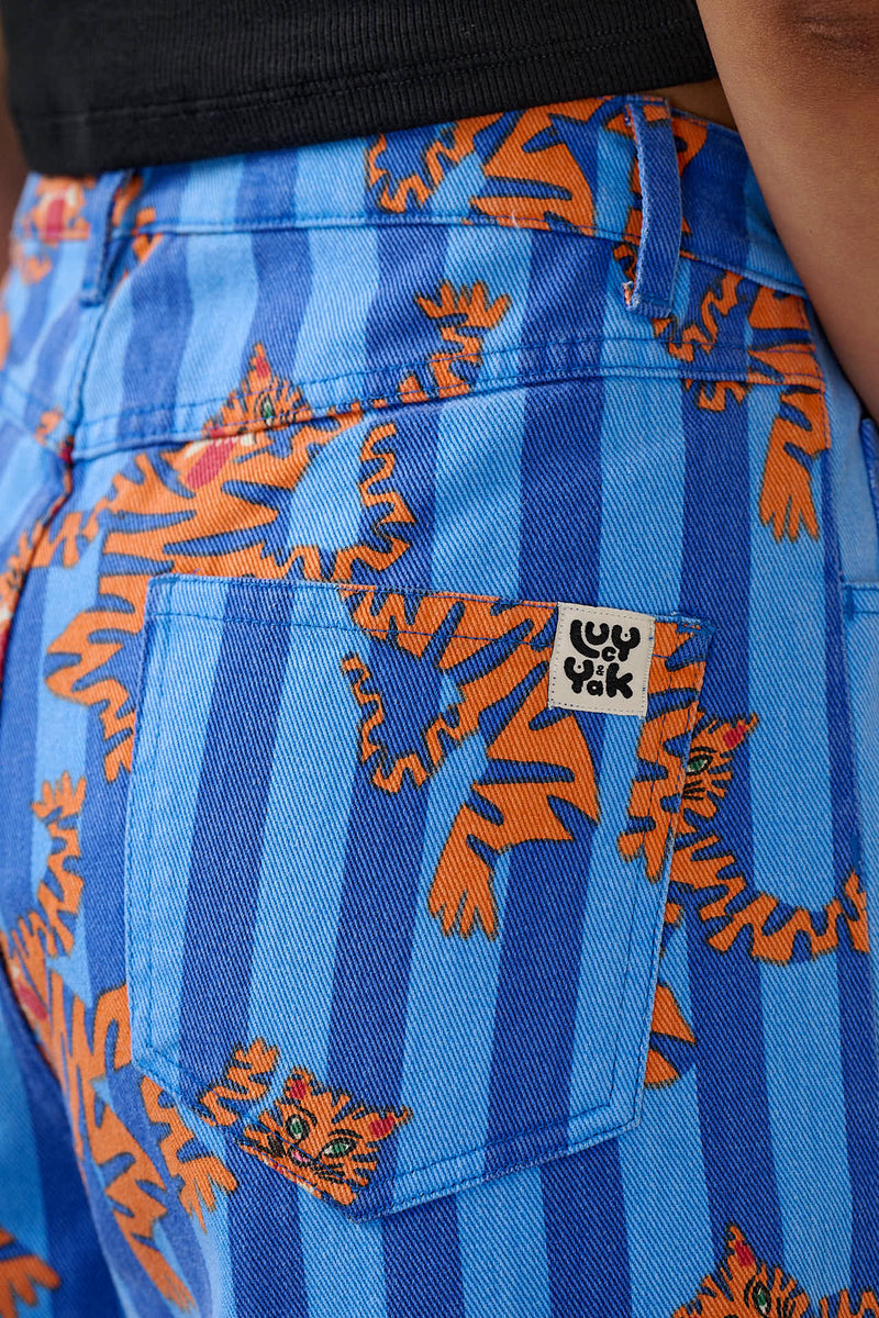 Carter - High Waisted Cotton Trousers in Blue Tiger Stripe