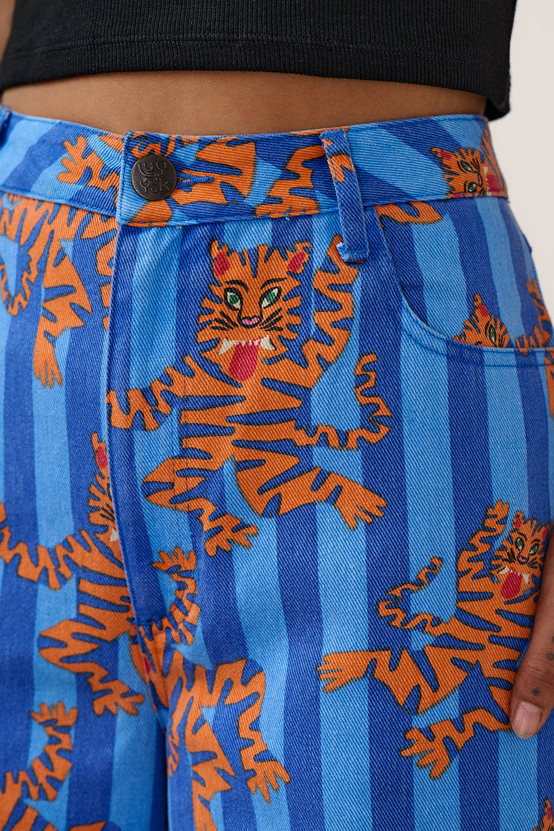 Carter - High Waisted Cotton Trousers in Blue Tiger Stripe