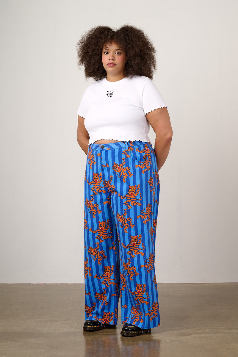 Carter - High Waisted Cotton Trousers in Blue Tiger Stripe