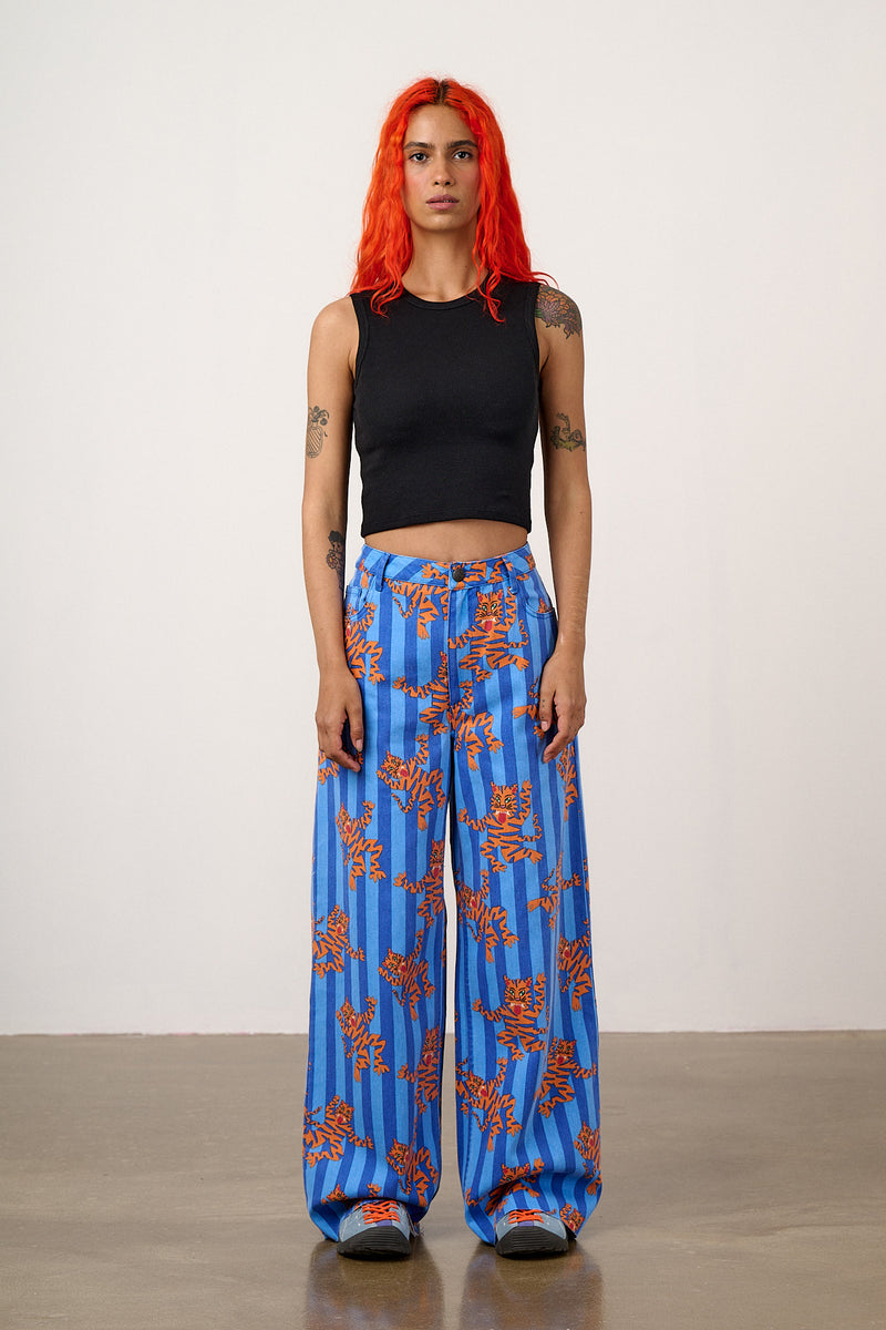 Carter - High Waisted Cotton Trousers in Blue Tiger Stripe
