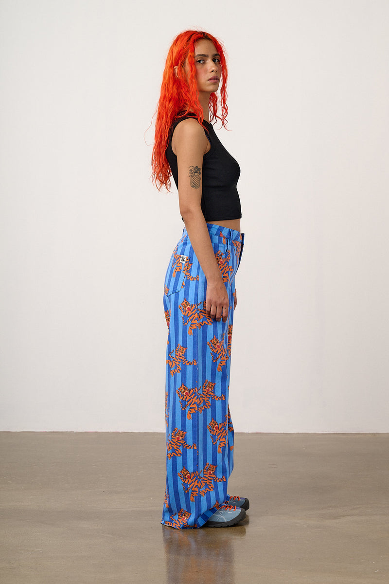 Carter - High Waisted Cotton Trousers in Blue Tiger Stripe