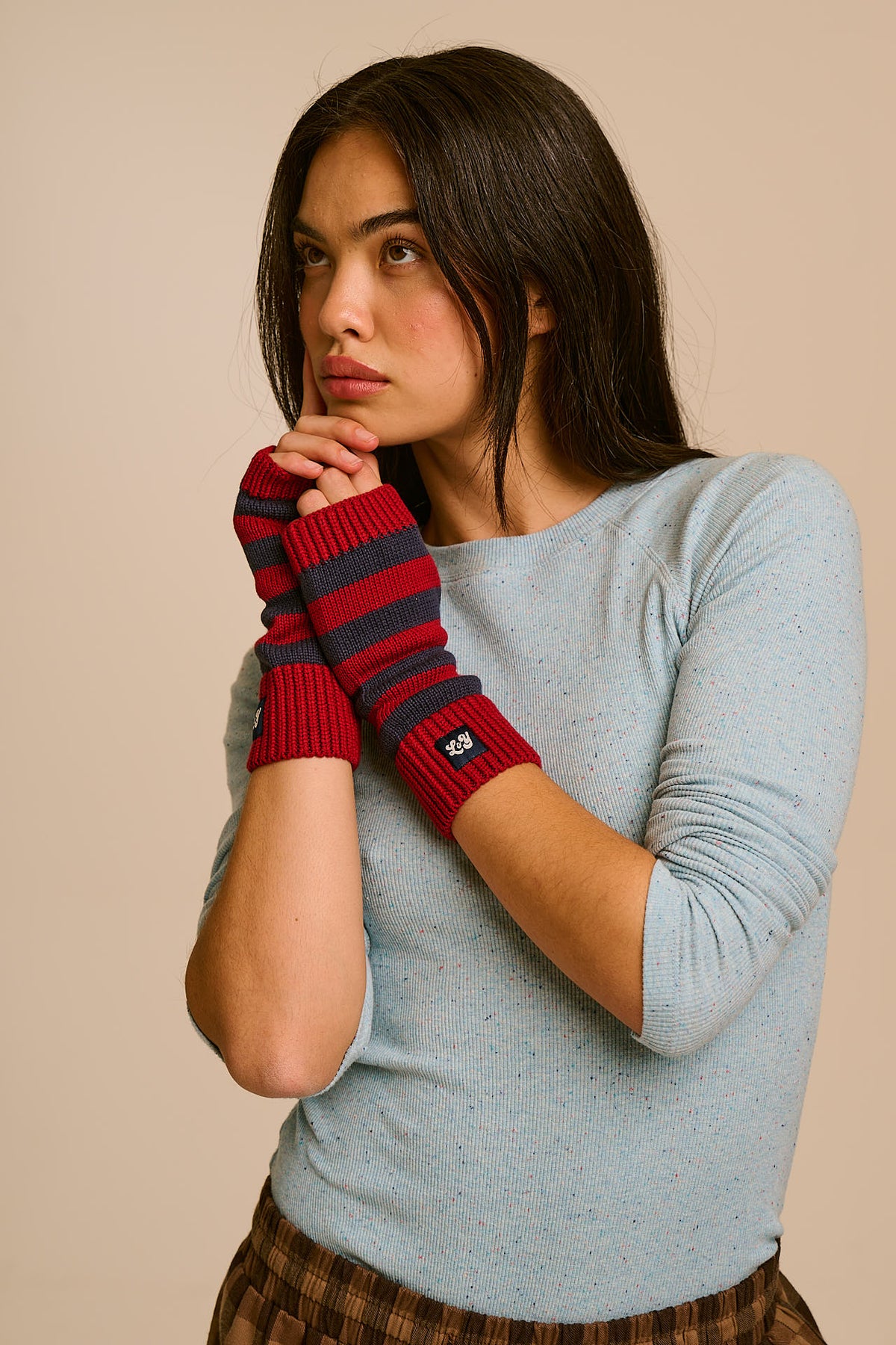 Caspian - Fingerless Knitted Gloves in Burgundy and Blue