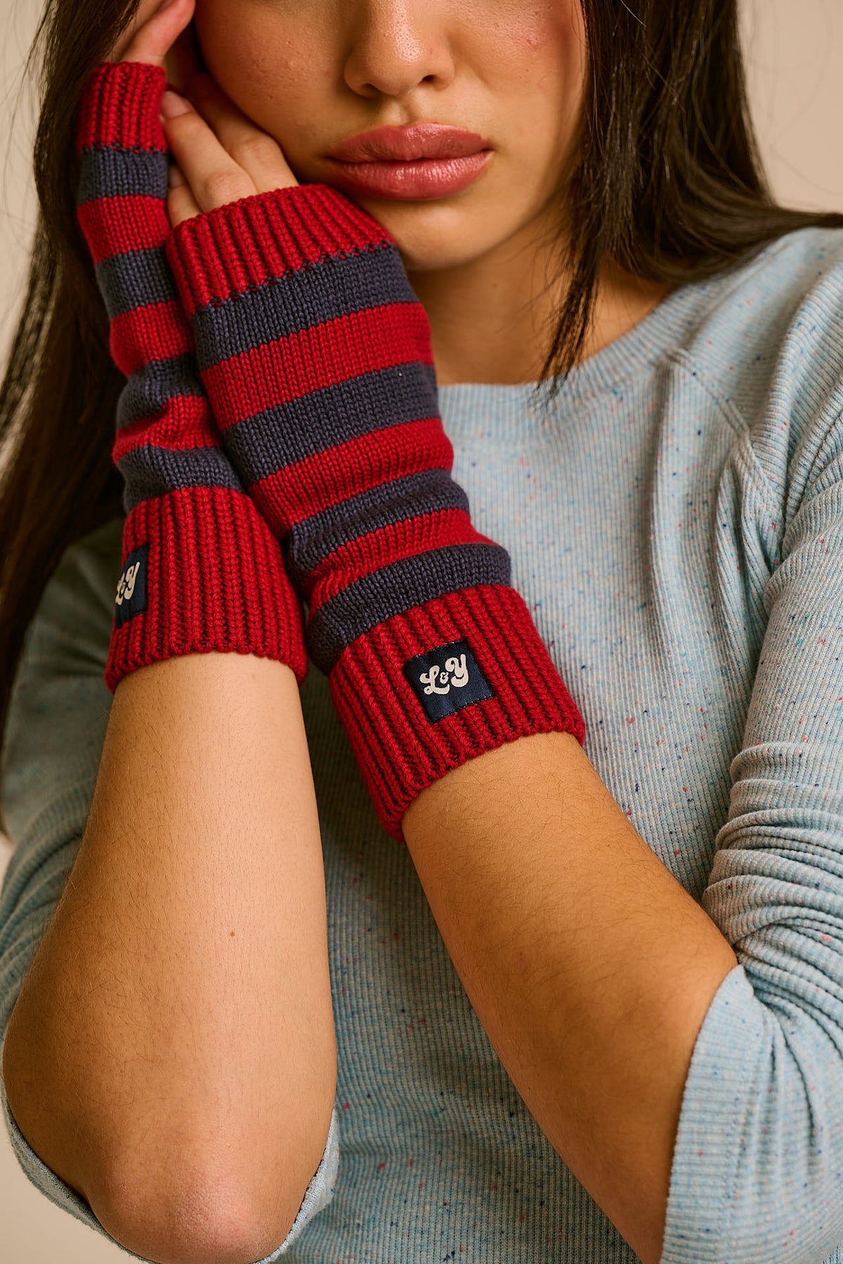 Caspian - Fingerless Knitted Gloves in Burgundy and Blue