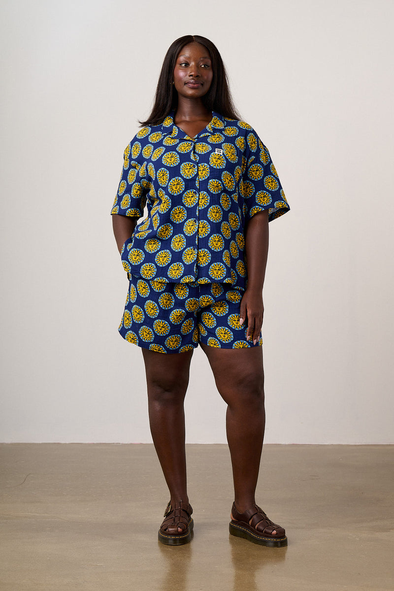 Charlie - Cotton Shorts in Navy Cosmic Suns Print