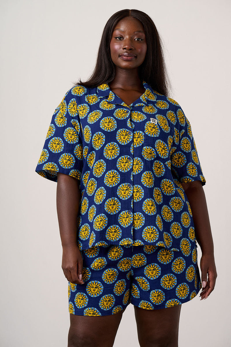 Charlie - Cotton Shorts in Navy Cosmic Suns Print