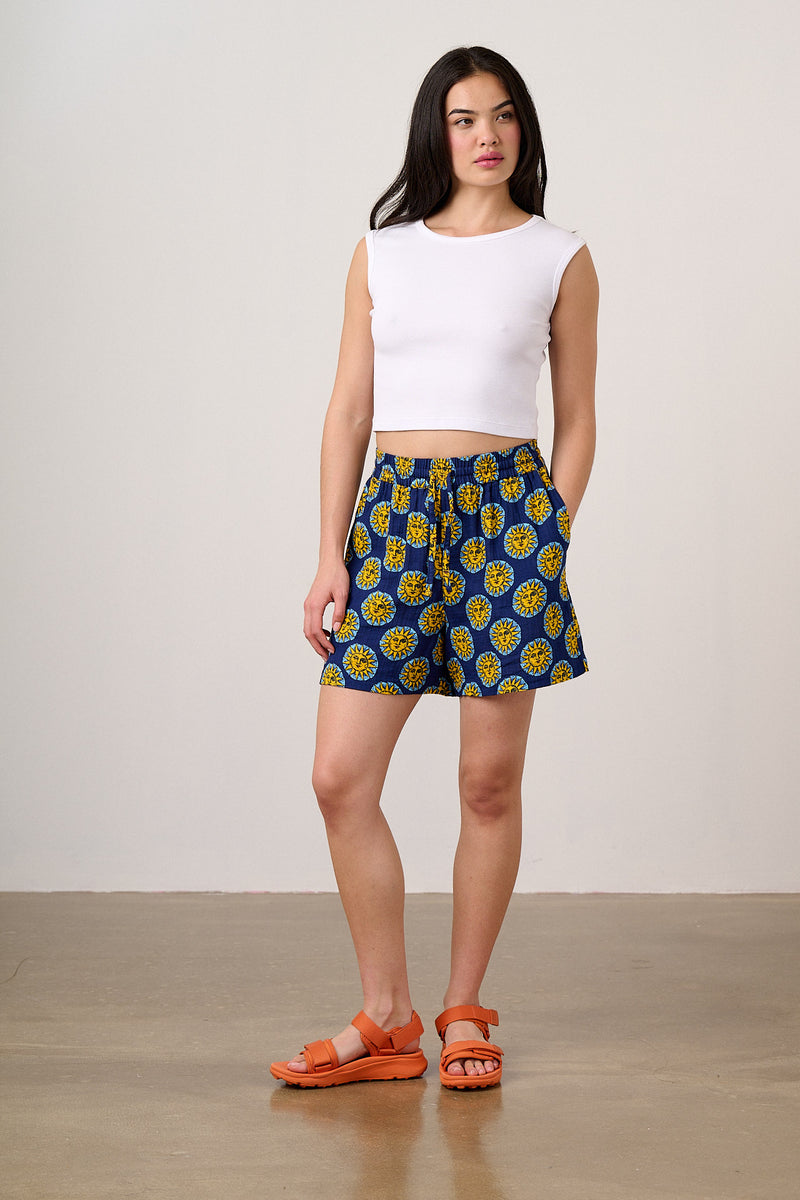 Charlie - Cotton Shorts in Navy Cosmic Suns Print