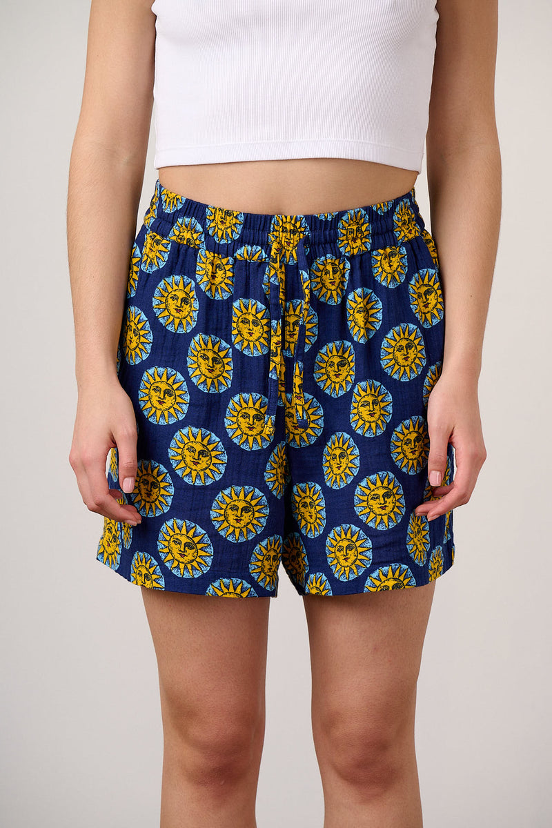 Charlie - Cotton Shorts in Navy Cosmic Suns Print