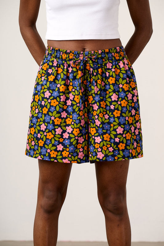 Charlie - Cotton Beach Shorts in Navy Floral