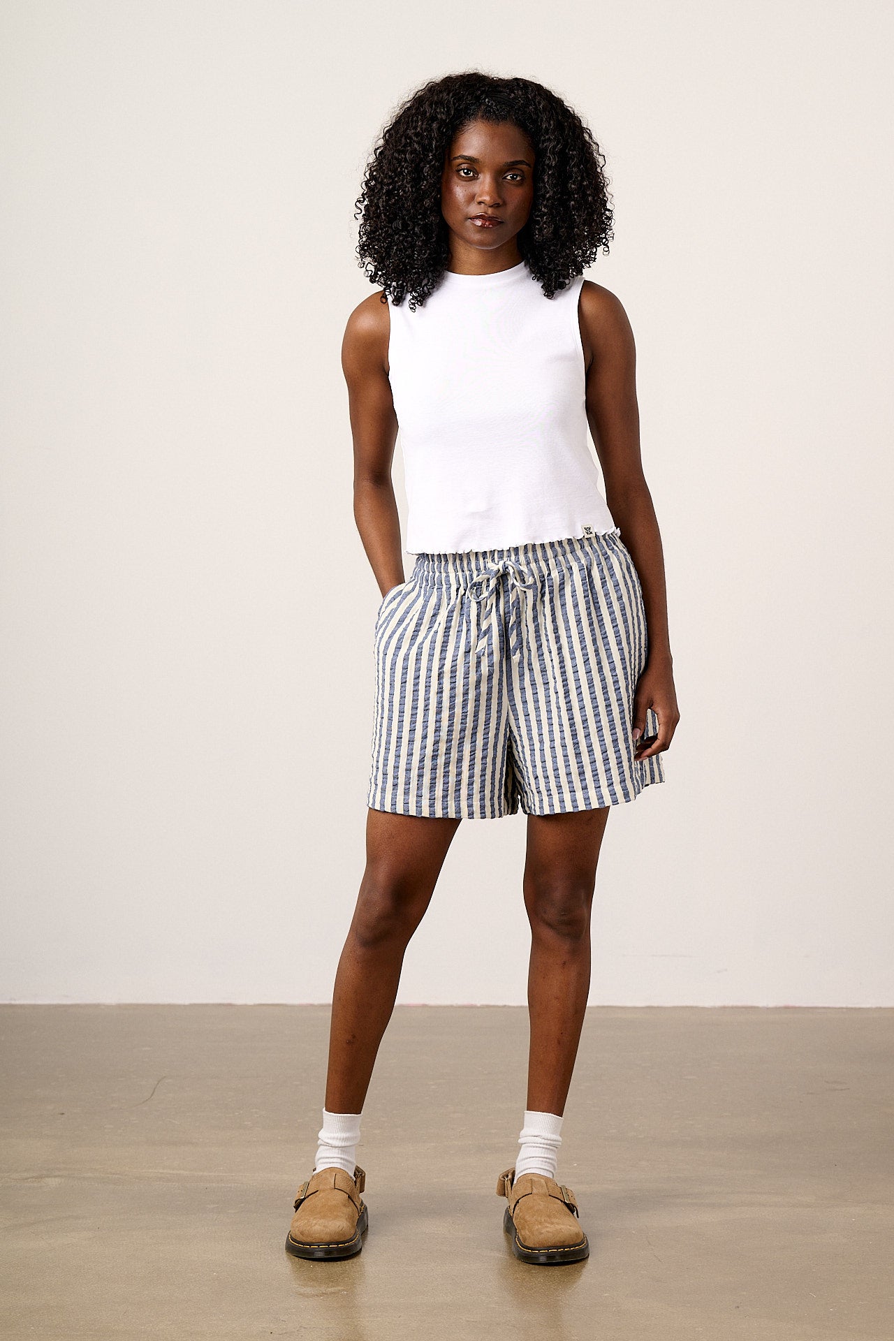 Charlie - Cotton Beach Shorts in Navy Stripe