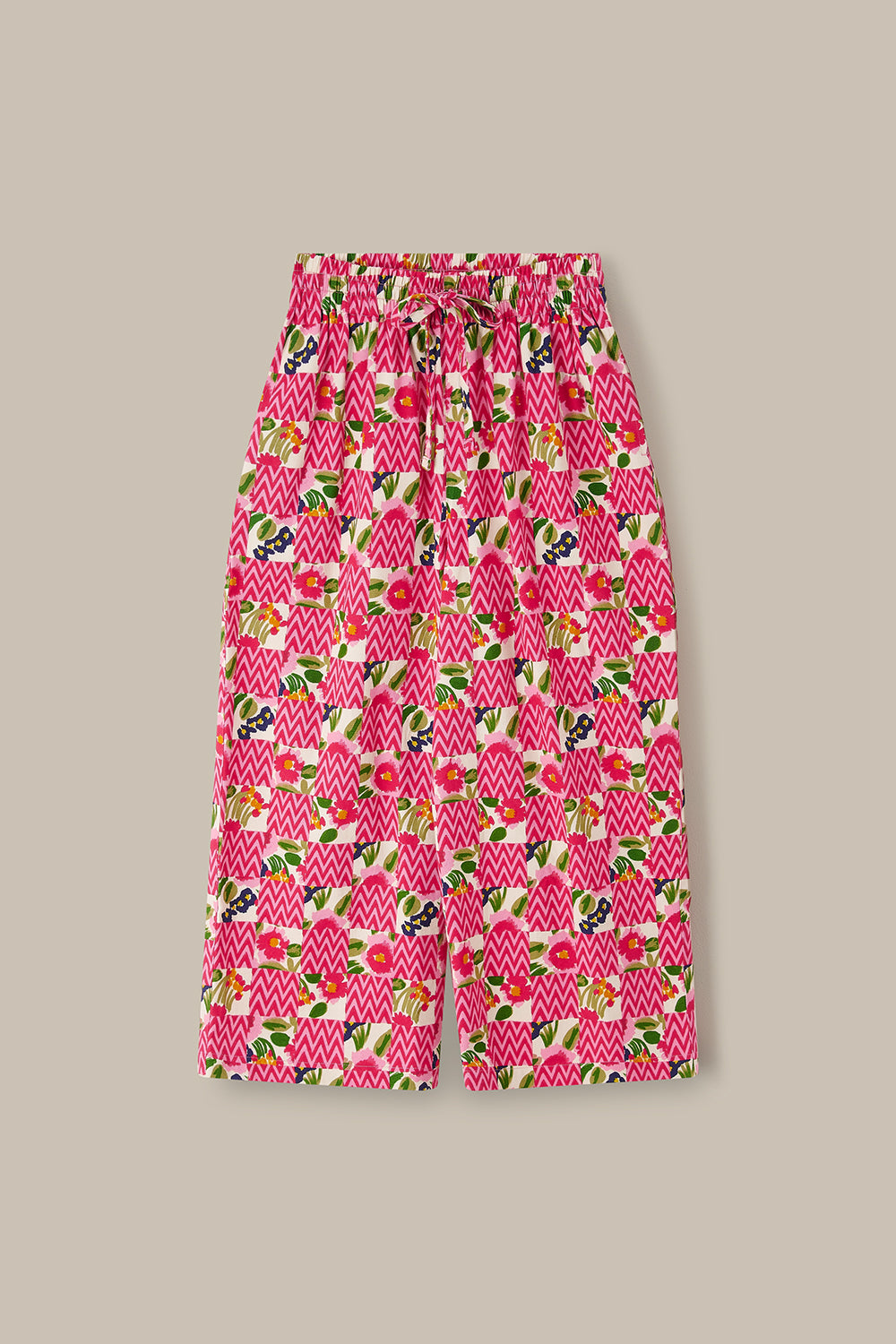 Lucy　0710 Chuck - Wide Leg Cotton Trousers in Zig Zag Floral Checkerboard