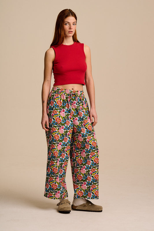 Chuck - Wide Leg Cotton & Viscose Trousers in Ivory Birdie Floral