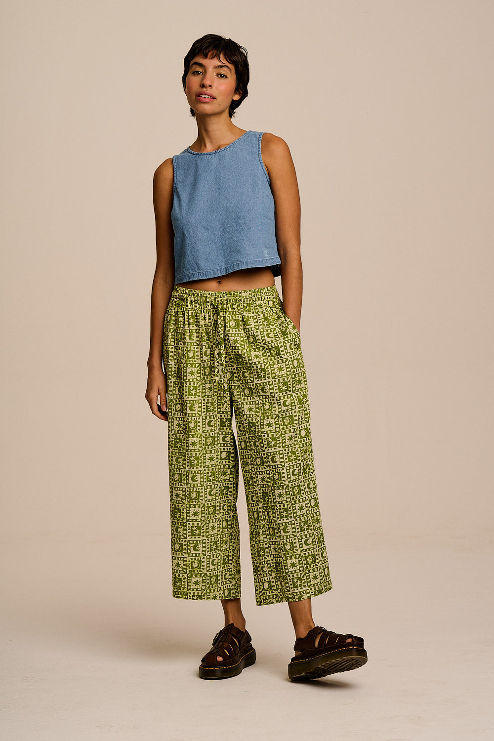 Chuck - Wide Leg Cotton Trousers in Green Celestial Checkerboard