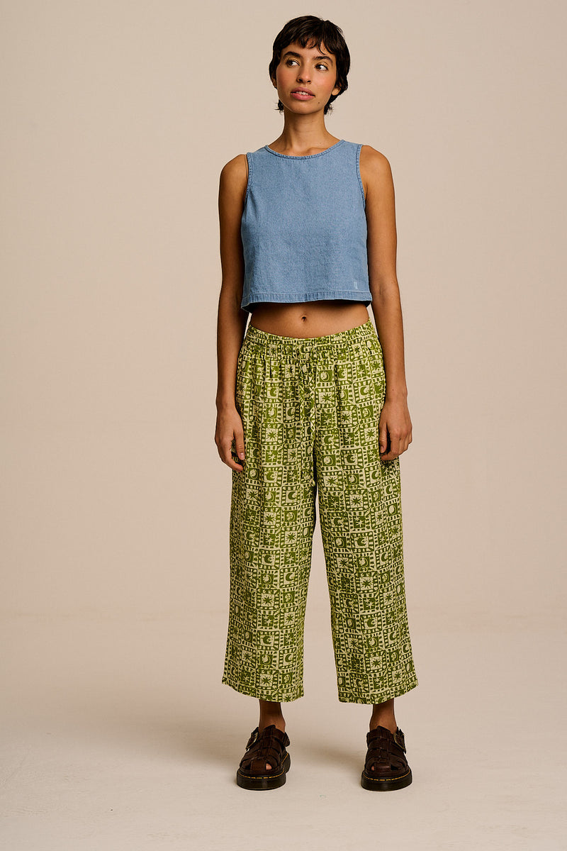 Chuck - Wide Leg Cotton Trousers in Green Celestial Checkerboard