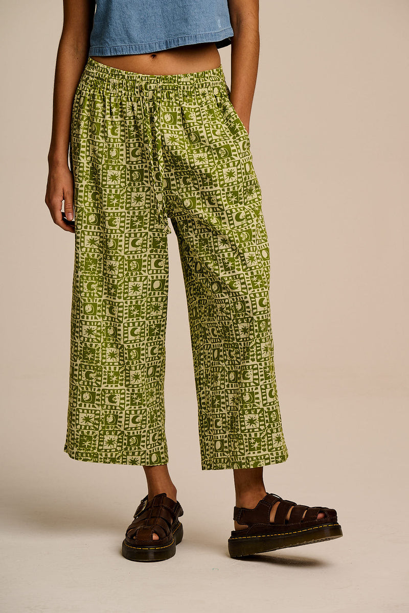 Chuck - Wide Leg Cotton Trousers in Green Celestial Checkerboard