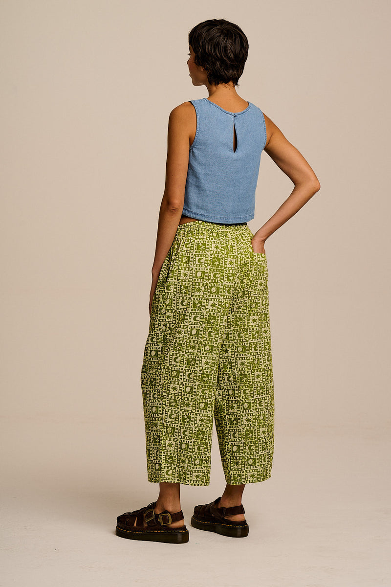 Chuck - Wide Leg Cotton Trousers in Green Celestial Checkerboard