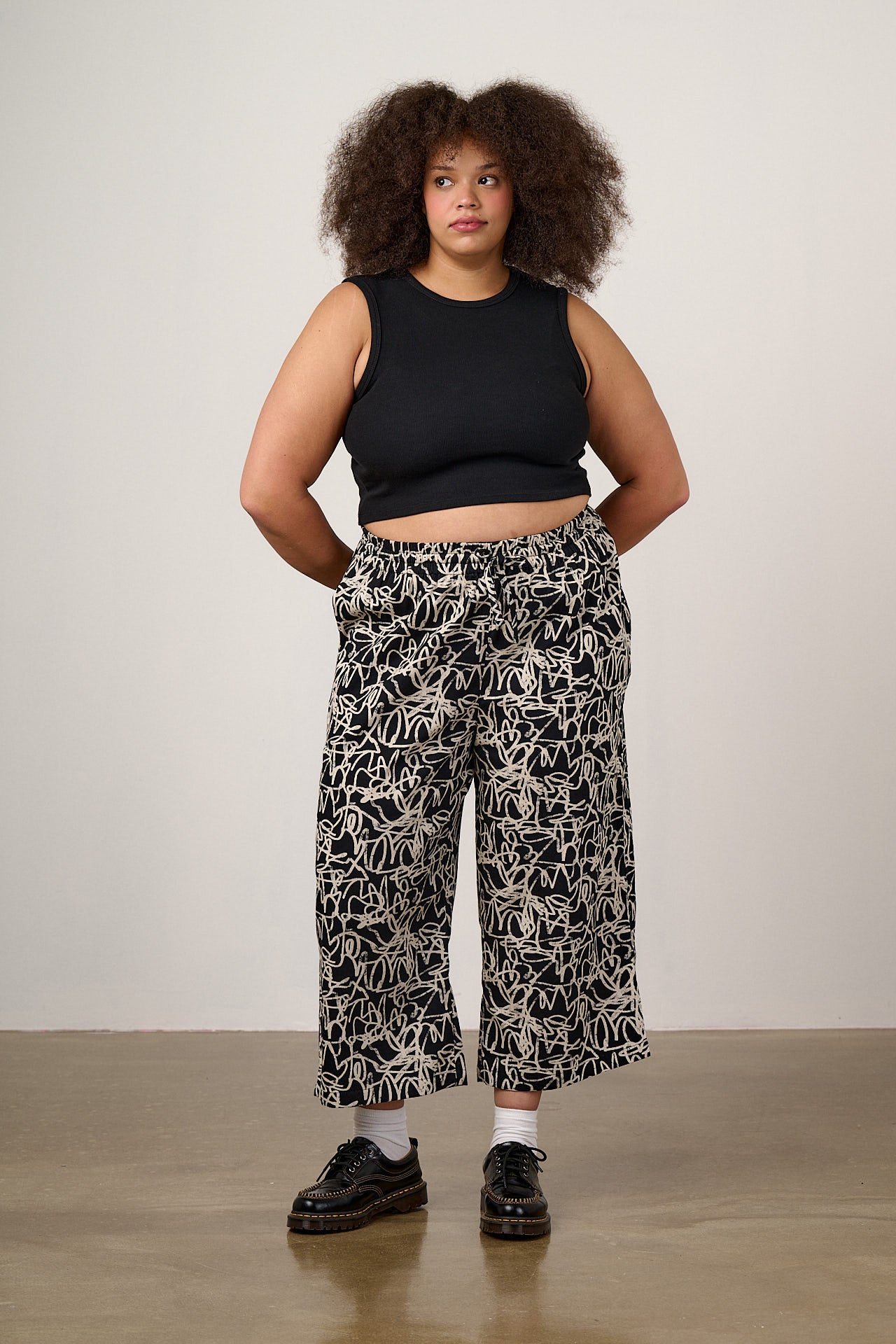 Chuck - Wide Leg Cotton Trousers in Black & White Graffiti Print
