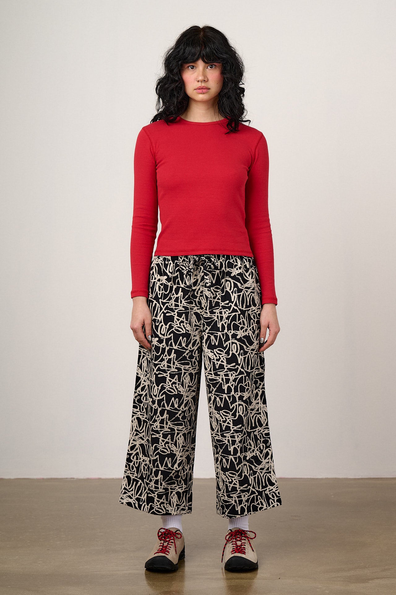 Chuck - Wide Leg Cotton Trousers in Black & White Graffiti Print